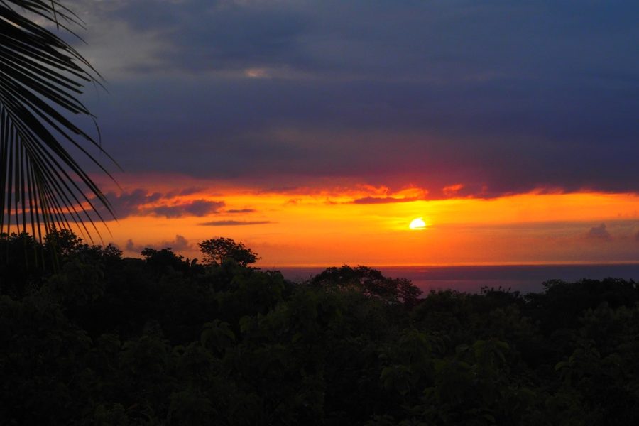 Golden sky over the ocean and rainforest near Montezuma, Costa Rica